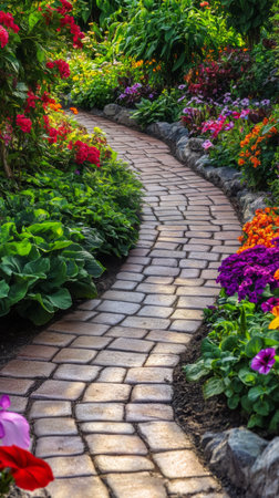 A winding stone pathway flows through a lush garden filled with a variety of colorful flowers. The blooms create a picturesque and inviting atmosphere that captures the beauty of nature.の素材