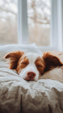 A brown and white dog is sleeping soundly on a soft, plush bed beside a window. Natural light filters in, creating a serene atmosphere in the room.の素材