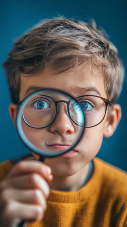 A young boy with curly hair and glasses uses a magnifying glass to explore his surroundings, showcasing curiosity and engagement with the world around him.の素材