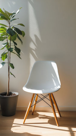 Natural light streams through sheer curtains, illuminating a wooden chair beside a lush green plant in a black pot, creating a warm and inviting indoor atmosphere.の素材