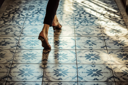 A person walks on intricate patterned tiles, sunlight streaming in and casting shadows. The atmosphere feels warm and inviting, enhancing the beauty of the tile design.の素材
