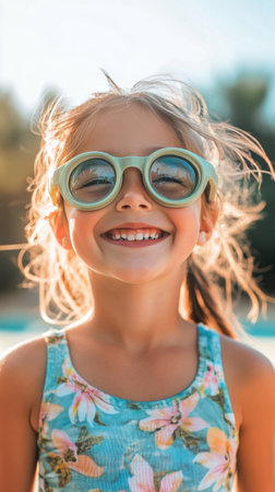 A joyful girl with braided hair showcases a big smile while donning bright yellow goggles. She appears excited while enjoying a fun activity inside a sunlit space.の素材