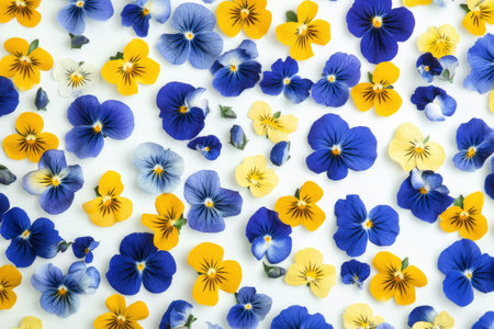 A beautiful display of pansy flowers in shades of blue and yellow is arranged neatly on a white surface. The vibrant colors create a visually striking pattern.の素材