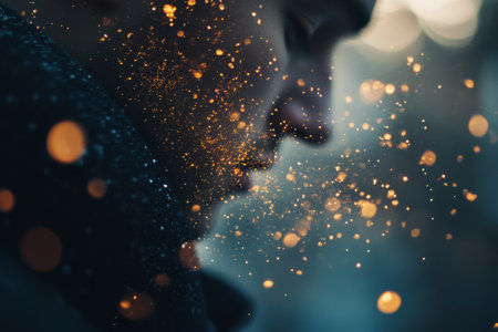 Soft, glowing golden bokeh lights drift softly across a dark background, creating a magical ambiance during a festive gathering or celebration at night.の素材