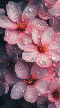 Delicate pink hydrangea blooms display vibrant color and intricate details, glistening with droplets after a refreshing rain. The soft background enhances their beauty.の素材