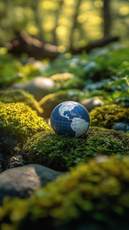 A globe depicting Earth lies on vibrant green moss amid a serene forest environment. Sunlight filters through trees, creating a peaceful atmosphere in nature.の素材