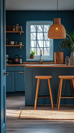 A cozy kitchen features blue walls, wooden bar stools, and a warm pendant light. Natural light streams in through the window, enhancing the inviting atmosphere for cooking.の素材