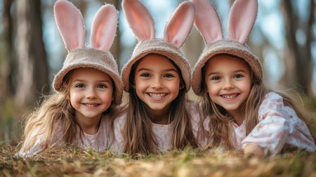 Three girls with long hair and bunny ear hats sit together on the forest floor, smiling joyfully as sunlight filters through the trees around them.の素材