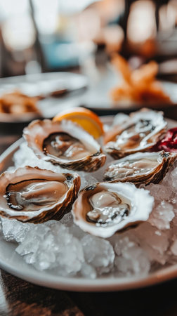 Plump, raw oysters sit atop a bed of crushed ice, glistening under soft lighting, showing their natural beauty and freshness in a bustling seafood restaurant.の素材