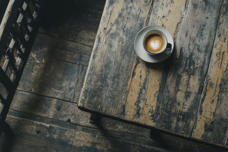 A small dark cup of coffee sits on a textured wooden table, surrounded by warm lighting, creating an inviting atmosphere perfect for relaxation or conversation.の素材