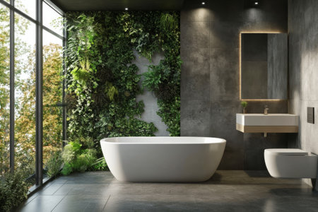 A spacious bathroom features a freestanding bathtub, a wall of plants, and large windows that bring in natural light and views of the outdoors. Minimalist design adds elegance.の素材