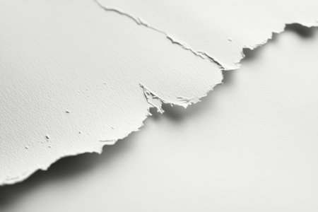 A piece of white paper is torn, revealing a textured surface that contrasts against a smooth background, showing a minimalist aesthetic in natural light.の素材