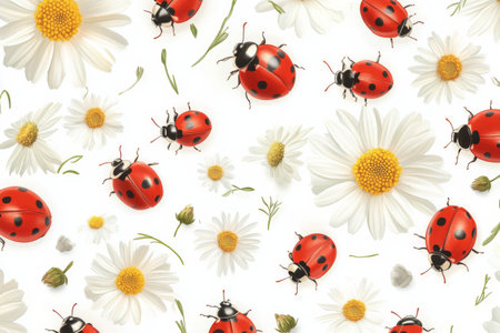 Vibrant red ladybugs crawl among beautiful white daisies, creating an eye-catching pattern. The cheerful arrangement suggests a warm, sunny day in nature.の素材