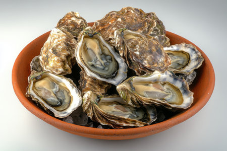 Six fresh oysters are beautifully arranged on an ornate plate, showcasing their unique shapes and textures against a scenic coastal backdrop during late afternoon.の素材