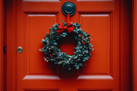 A vibrant red door features a lush Christmas wreath decorated with colorful ornaments and ribbons, embodying festive cheer. This charming entrance invites holiday spirit.の素材