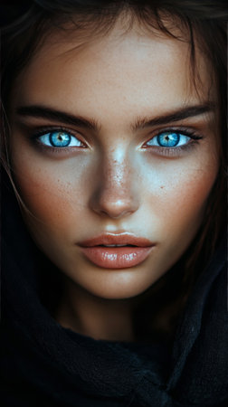 A young woman gazes intensely at the camera, showing her vibrant blue eyes and natural features. The warm light emphasizes her skin's texture against a dark background.の素材
