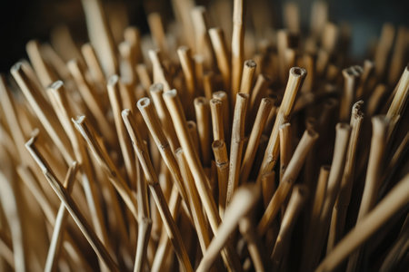 A unique decor piece crafted from various twigs, arranged closely together, showing natural texture and form in a well-lit interior space.の素材