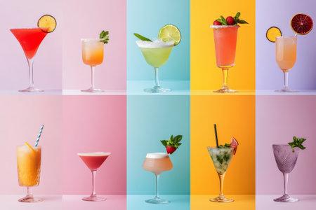 Multiple cocktails in vibrant colors are showcased, highlighting different flavors and garnishes. Each cup features a unique style, creating an inviting atmosphere for celebration.の素材