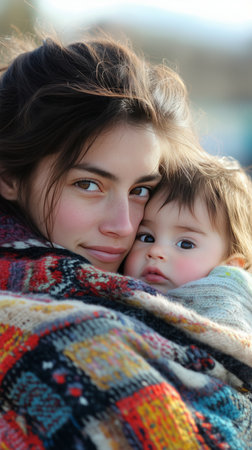 A mother lovingly holds her baby close while wrapped in a colorful blanket on a cool afternoon, showing casing warmth and affection in a serene outdoor setting.の素材