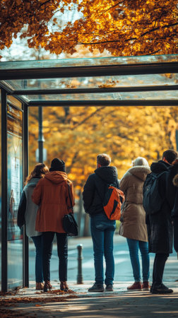 Groups of people wait at a bus stop surrounded by vibrant autumn foliage under warm afternoon light, showing the beauty of the season in an urban environment.の素材