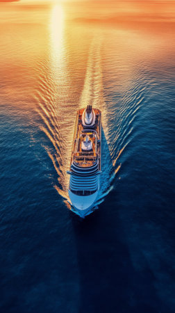 A large cruise ship glides along calm waters, surrounded by hills, under a stunning sunset. The sky is painted in warm hues, creating a tranquil atmosphere.の素材