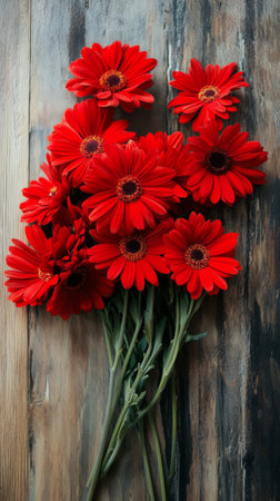 A bouquet of vibrant red gerbera daisies is placed on a rustic wooden table. The flowers showcase their striking colors, adding warmth to the setting.の素材