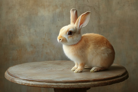 A fluffy small rabbit with light fur sits calmly on a rustic wooden table. The backdrop features soft, neutral tones adding warmth to the indoor atmosphere.の素材