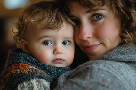 A warm and intimate moment features a mother lovingly holding her child. Their facial expressions reveal a bond of affection and comfort, set in a cozy indoor environment.の素材