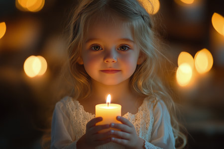A young girl with long, wavy hair holds a lit candle close to her face, surrounded by a warm glow from multiple candles scattered in the background during an intimate evening.の素材