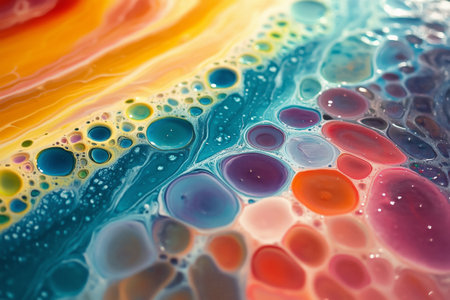 Colorful abstract artwork showcases a fluid blend of vibrant hues and round shapes, creating an energetic and dynamic visual experience, capturing movement and texture.の素材