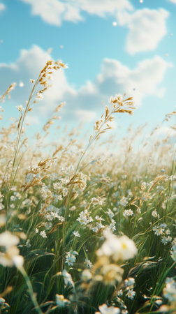 A vast meadow showcases a variety of wildflowers swaying gently in the breeze. Soft clouds drift across a blue sky, adding tranquility to the vibrant scene.の素材