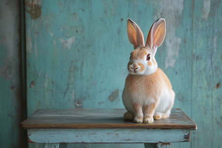 A cute rabbit is posed on a weathered wooden table, displaying soft fur and a calm expression while a textured, blue background adds a rustic charm to the setting.の素材