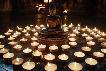 A Buddha statue sits peacefully in the center, illuminated by numerous candles arranged in a circular pattern. The warm light creates a tranquil atmosphere during the evening.の素材