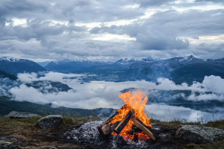 A warm campfire crackles on a mountain top as dusk falls, lighting up the surrounding landscapes of misty valleys and a serene lake. Clouds drift slowly above the distant peaks.の素材