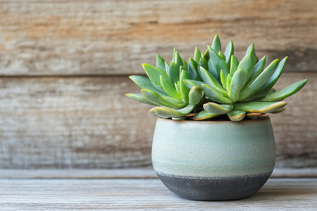 A beautifully arranged eucalyptus bouquet in a round ceramic vase is displayed on a rustic wooden table, providing a touch of nature and elegance to the setting.の素材