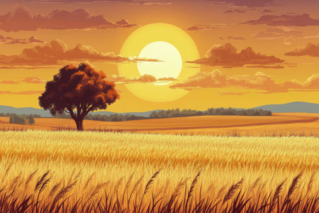 A tranquil park features a vibrant green lawn basking in the warm glow of the setting sun, surrounded by lush trees and a peaceful atmosphere.の素材