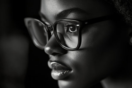 A person with glasses is depicted in a close-up view, highlighting their strong facial features and intense gaze against a dark background. The lighting creates a captivating atmosphere.の素材
