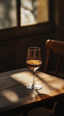 A golden glass of wine stands on a rustic wooden table. Warm sunlight filters through nearby trees, creating a relaxed and inviting atmosphere perfect for enjoyment.の素材