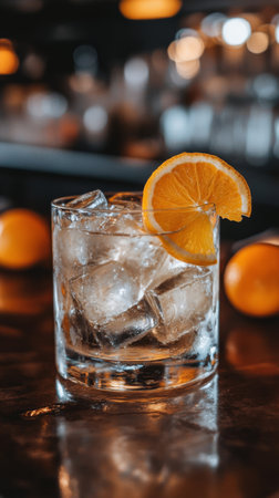 A sits cocktails on a wooden bar top, filled with ice cubes and garnished with a fresh orange slice. The warm ambiance creates a relaxed atmosphere for patrons.の素材