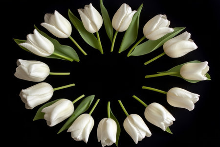 White tulips are arranged in a circular formation against a black background, showing their delicate petals and vibrant green stems in a minimalist style.の素材