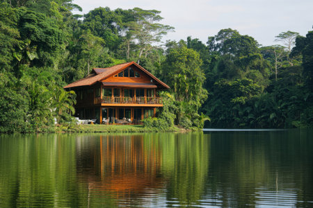 A rustic log cabin sits on the edge of a tranquil lake, framed by dense evergreen trees. The peaceful setting invites relaxation and reflection in the afternoon light.の素材
