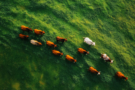 A group of cows, varying in colors, grazes peacefully on a vibrant green pasture. The sun casts a warm glow over the serene rural landscape in the afternoon.の素材