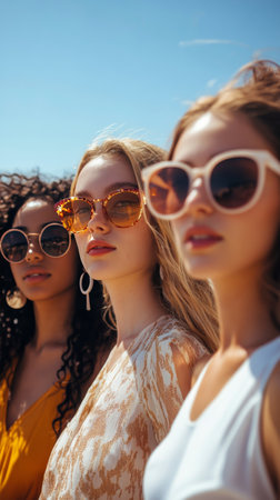 Three young women stand together, showcasing fashionable sunglasses and bright outfits. Sunlight reflects off their glasses as they enjoy a sunny day filled with warmth and friendship.の素材