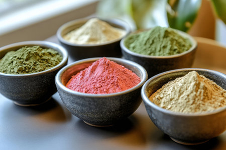 Five small bowls hold vibrant herbal powders in various colors, displayed on a table in a wellness studio, surrounded by greenery and natural light.の素材