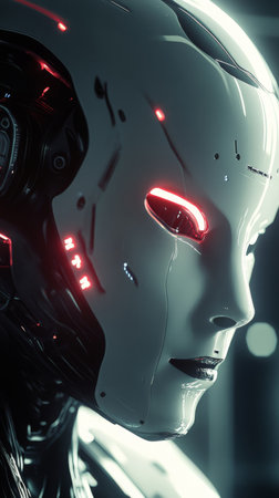 A sleek humanoid robot features glowing red eyes and a shiny white face, surrounded by a high-tech setting filled with soft lighting and intricate electronic details.の素材