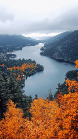A serene lake is framed by vibrant autumn foliage in a forest reserve. The landscape showcases rich hues of orange and yellow, creating a picturesque autumn atmosphere.の素材