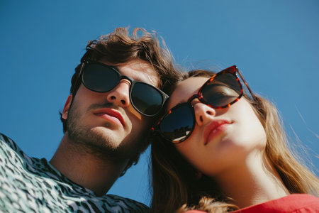 A couple stands close together, wearing sunglasses, gazing thoughtfully into the distance. The sunlight casts a warm glow, enhancing the serene outdoor atmosphere.の素材