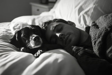 A young man sleeps soundly in bed beside a dog during the morning. Soft light filters into the room, creating a serene and cozy atmosphere.の素材