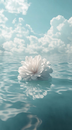 A stunning white water lily floats gracefully on the calm surface of a lake. Lush green trees line the shore under a bright blue sky filled with fluffy white clouds.の素材