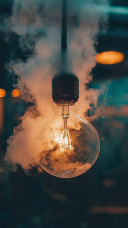A softly glowing light bulb hangs from the ceiling, surrounded by wisps of smoke and greenery, creating an inviting atmosphere in a dimly lit room.の素材